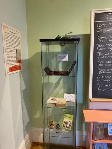 Thumbnail of Selfie wall, floral display, and artifact case.